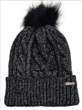 Steve Madden Black & Grey Cable Knit Faux Fur Pom Beanie Hat OS